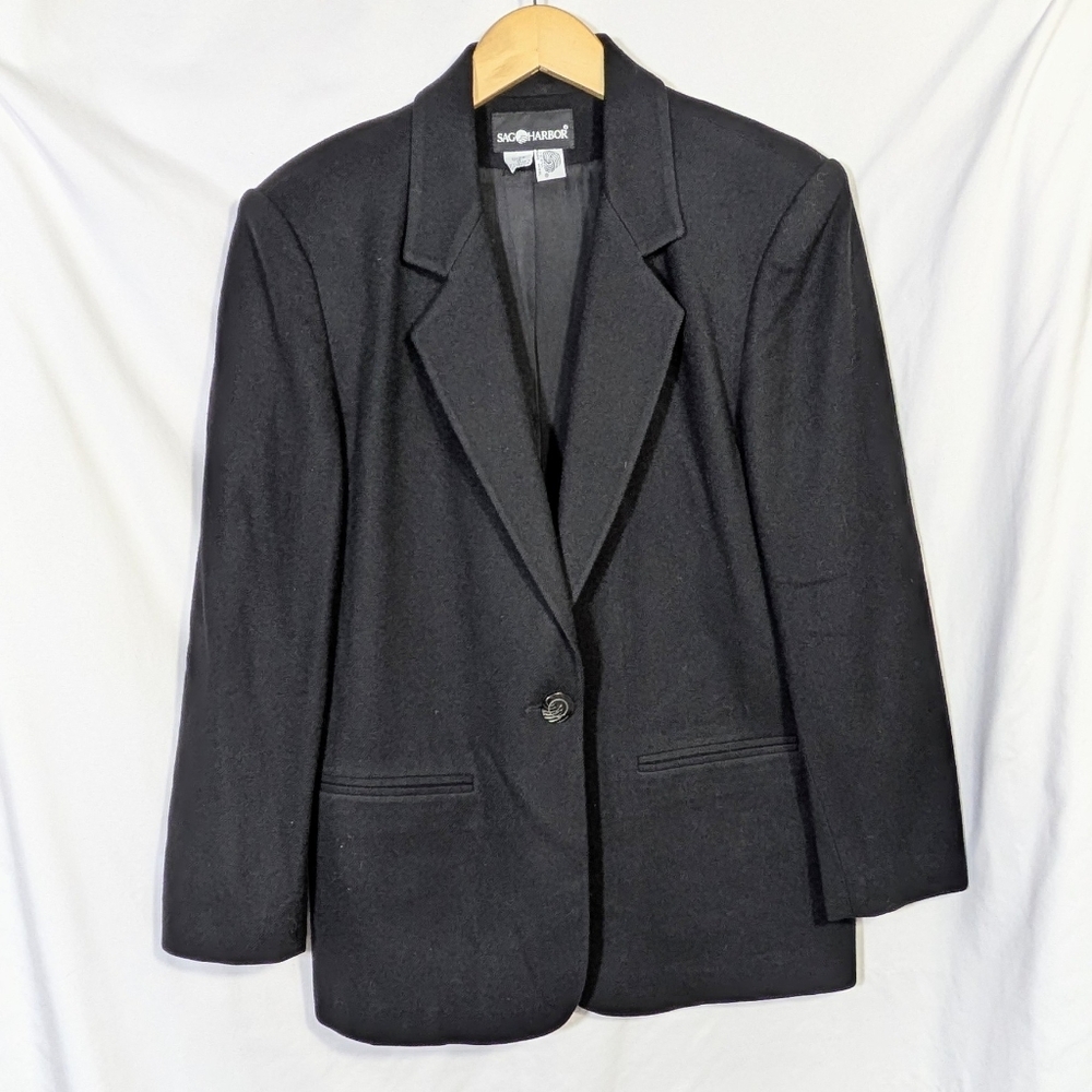 Sag Harbor Wool Blazer Size 8 Black Slip Pockets 1 Button Long Sleeve Lined Long